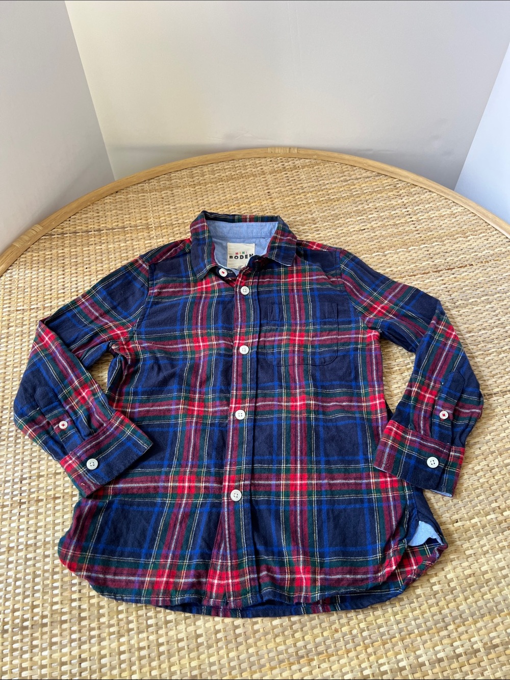 Mini Boden Kids Cosy Cotton Check Shirt Plaid blue red holiday dress long Sl 5-6